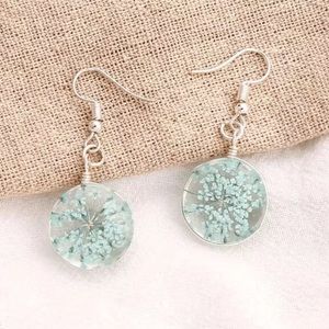 Blue Pressed Floral Resin Dangle Drop Silver Boho Dried Flower Earrings NWT